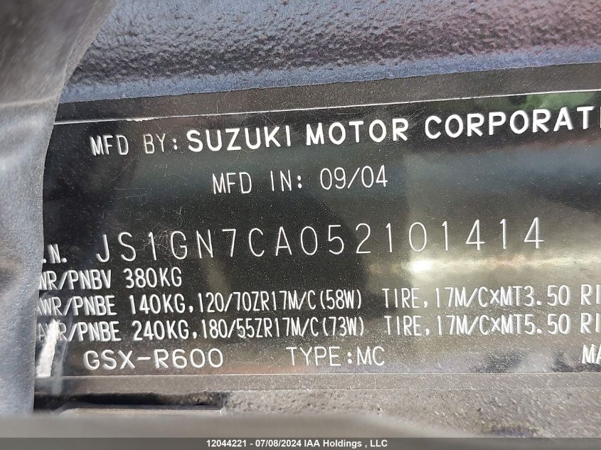 2005 Suzuki Gsx-R600 K VIN: JS1GN7CA052101414 Lot: 12044221