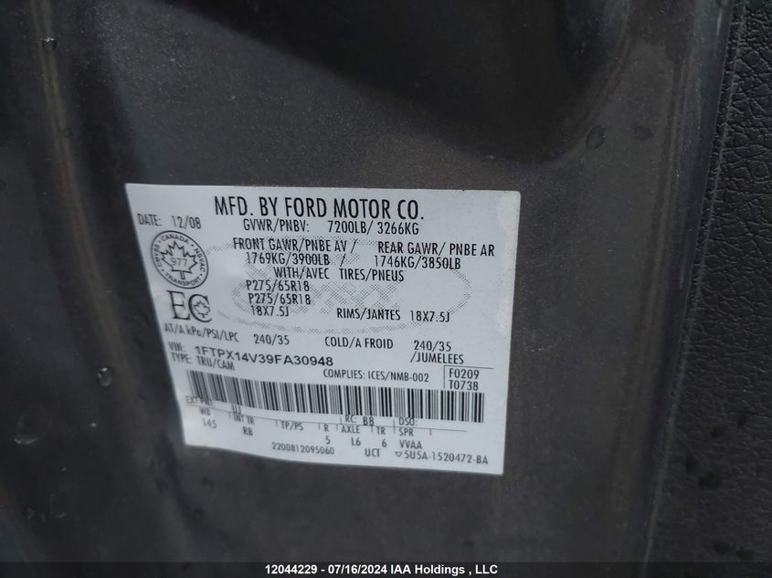 2009 Ford F-150 Lariat/Xl/Xlt VIN: 1FTPX14V39FA30948 Lot: 12044229
