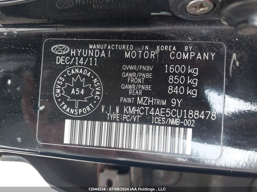 2012 Hyundai Accent VIN: KMHCT4AE5CU188478 Lot: 12044234