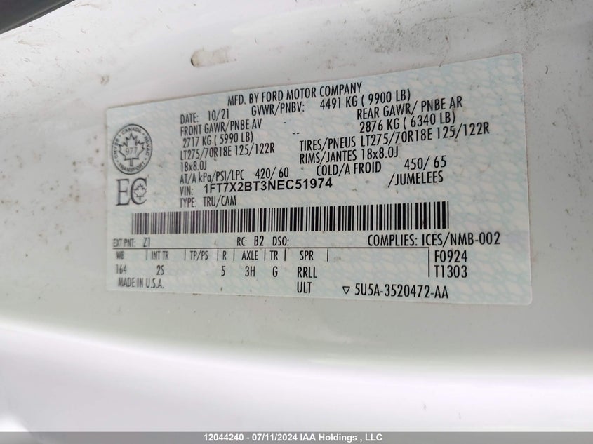 2022 Ford F-250 Xlt VIN: 1FT7X2BT3NEC51974 Lot: 12044240