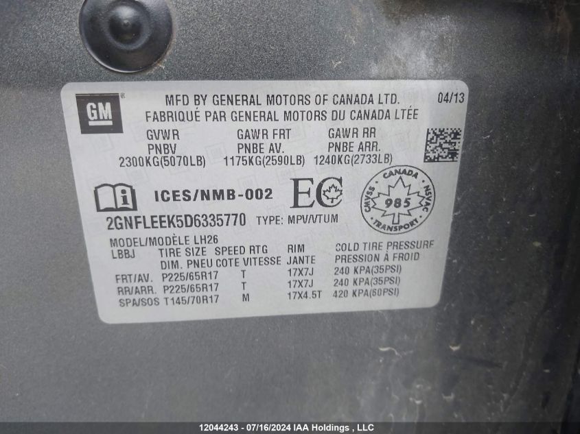 2013 Chevrolet Equinox VIN: 2GNFLEEK5D6335770 Lot: 12044243