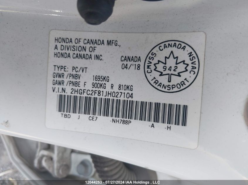 2018 Honda Civic VIN: 2HGFC2F81JH027104 Lot: 12044253