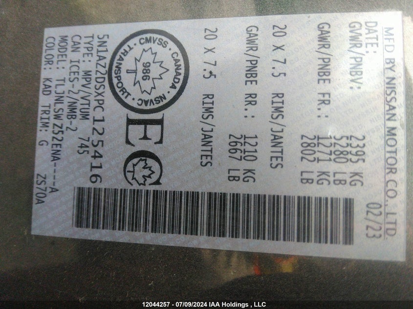 2023 Nissan Murano Platinum VIN: 5N1AZ2DSXPC125416 Lot: 12044257