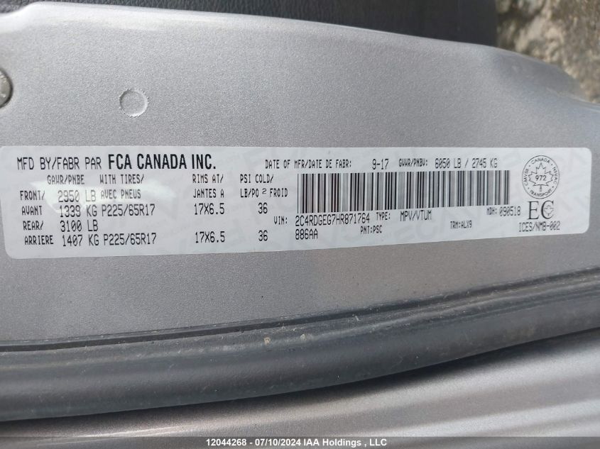 2017 Dodge Grand Caravan Gt VIN: 2C4RDGEG7HR871764 Lot: 12044268