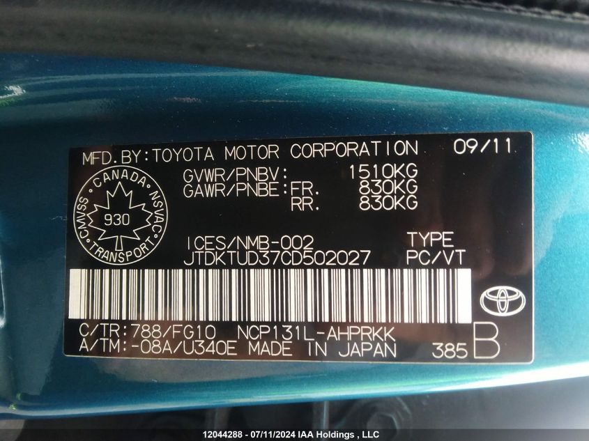 2012 Toyota Yaris VIN: JTDKTUD37CD502027 Lot: 12044288