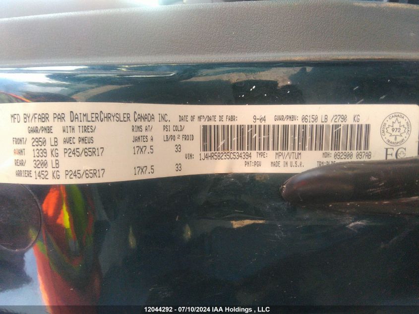2005 Jeep Grand Cherokee VIN: 1J4HR58235C534394 Lot: 12044292