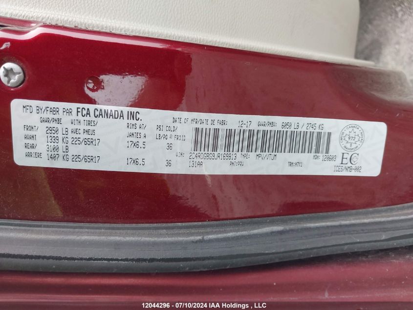 2018 Dodge Grand Caravan Cvp/Sxt VIN: 2C4RDGBG9JR169813 Lot: 12044296