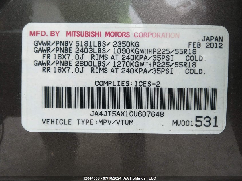2012 Mitsubishi Outlander VIN: JA4JT5AX1CU607648 Lot: 12044308