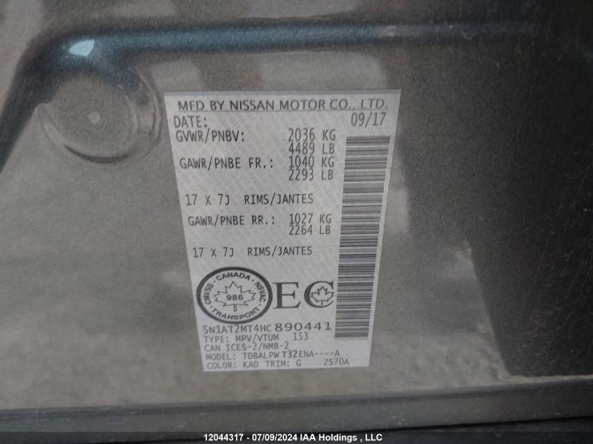 2017 Nissan Rogue VIN: 5N1AT2MT4HC890441 Lot: 12044317