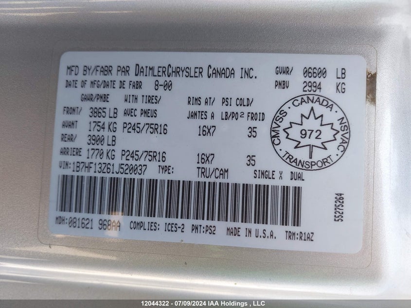 2001 Dodge Ram 1500 VIN: 1B7HF13Z61J520037 Lot: 12044322