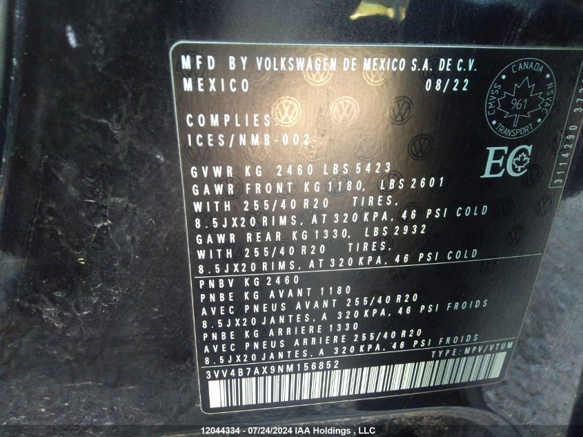 2022 Volkswagen Tiguan VIN: 3VV4B7AX9NM156852 Lot: 12044334
