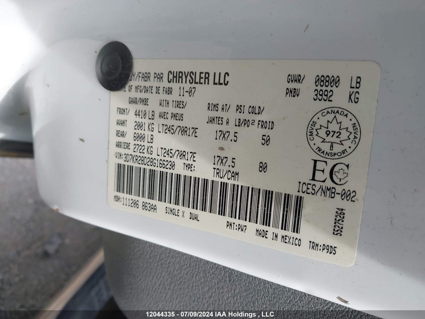 2008 Dodge Ram 2500 St/Sxt VIN: 3D7KR28D28G166230 Lot: 12044335