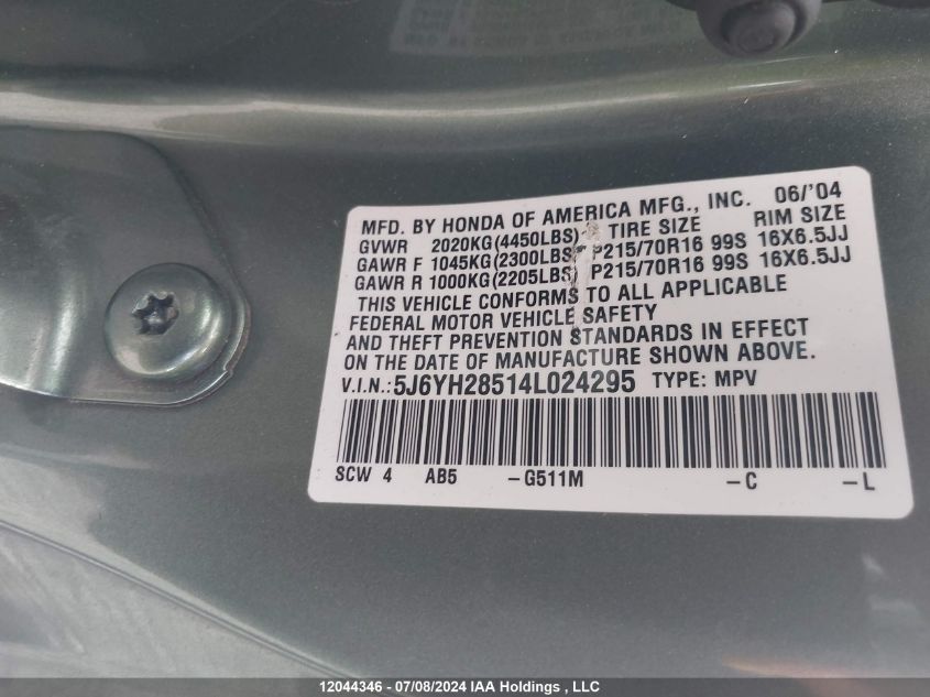 2004 Honda Element VIN: 5J6YH28514L024295 Lot: 12044346