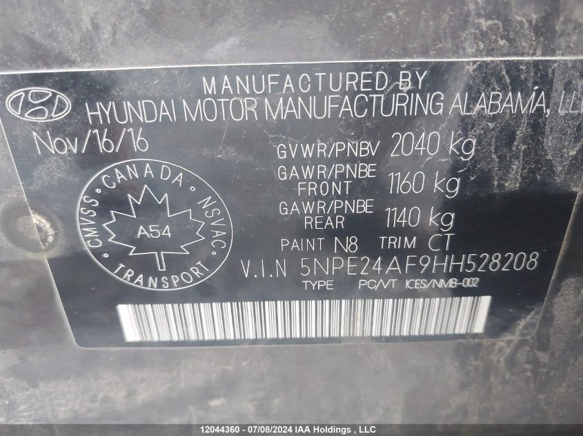 2017 Hyundai Sonata Gl VIN: 5NPE24AF9HH528208 Lot: 12044360