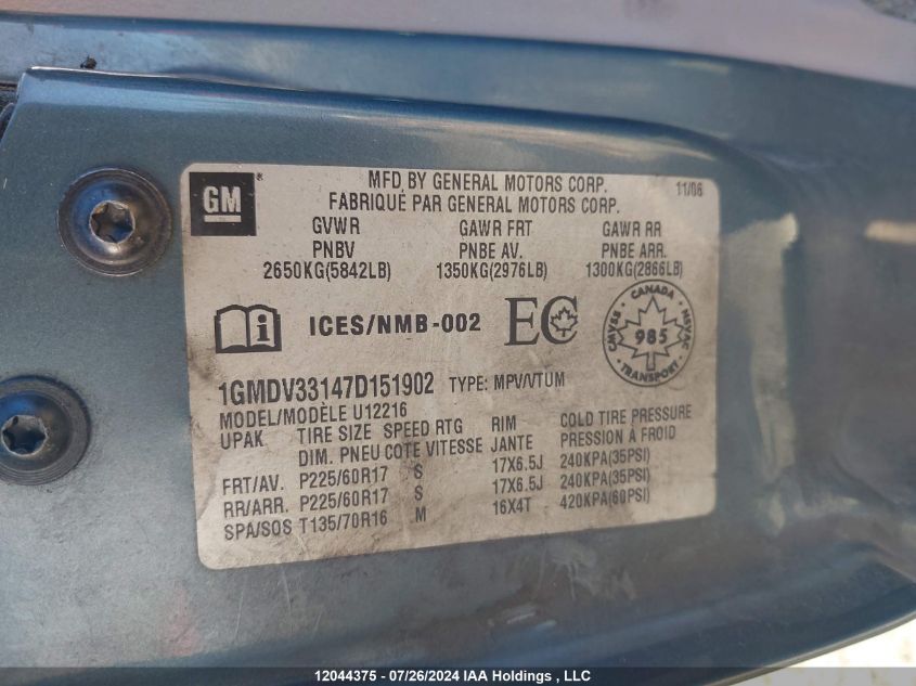 2007 Pontiac Montana Sv6 VIN: 1GMDV33147D151902 Lot: 12044375