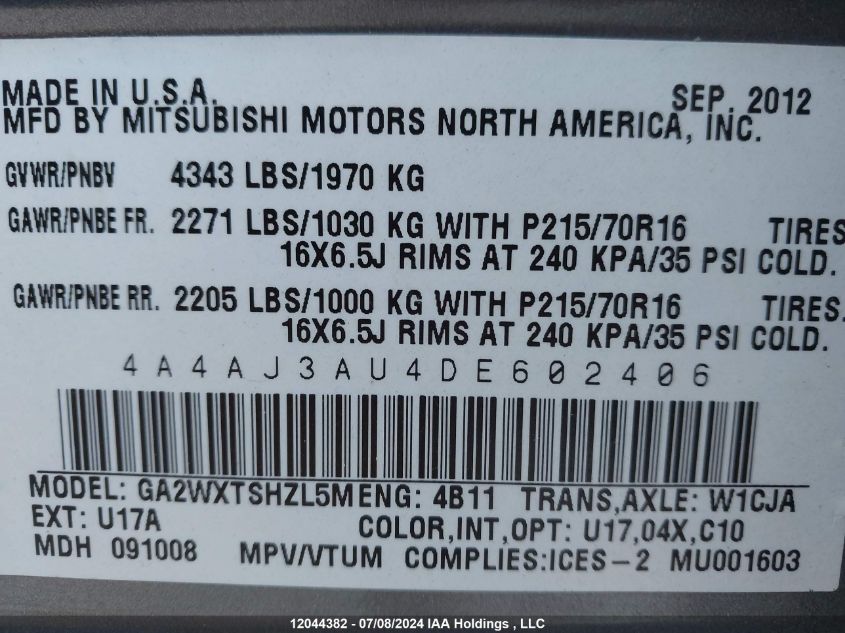 2013 Mitsubishi Rvr VIN: 4A4AJ3AU4DE602406 Lot: 12044382