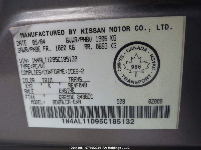 2005 Nissan Altima S/Sl VIN: 1N4AL11D95C185132 Lot: 12044398