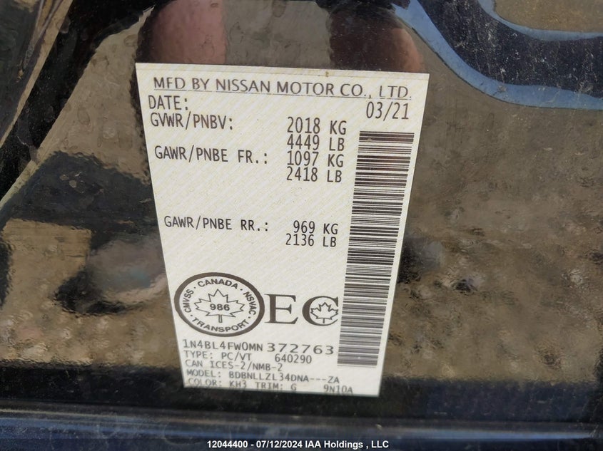 2021 Nissan Altima VIN: 1N4BL4FW0MN372763 Lot: 12044400