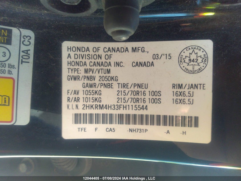 2015 Honda Cr-V Lx VIN: 2HKRM4H33FH115544 Lot: 12044405