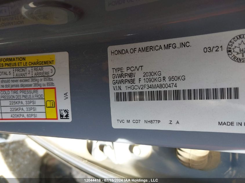 2021 Honda Accord Sedan VIN: 1HGCV2F34MA800474 Lot: 12044418