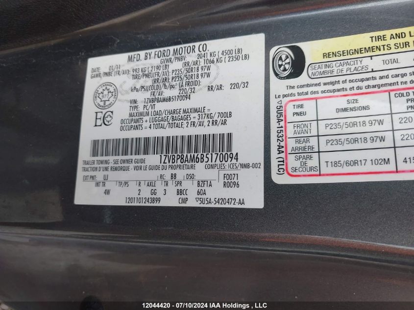 2011 Ford Mustang VIN: 1ZVBP8AM6B5170094 Lot: 12044420