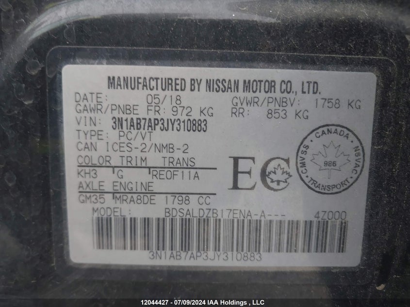 2018 Nissan Sentra S/Sv/Sr/Sl VIN: 3N1AB7AP3JY310883 Lot: 12044427