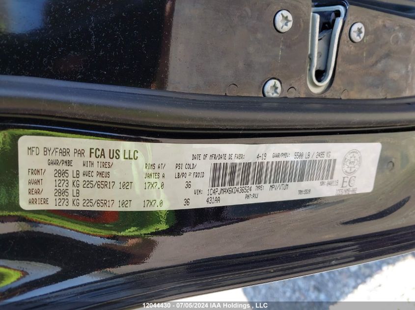 2019 Jeep Cherokee Sport VIN: 1C4PJMAX6KD436524 Lot: 12044430