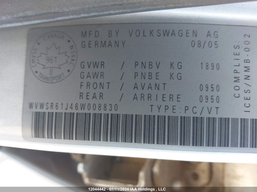 2006 Volkswagen Jetta Gls Tdi VIN: WVWSR61J46W008830 Lot: 12044442