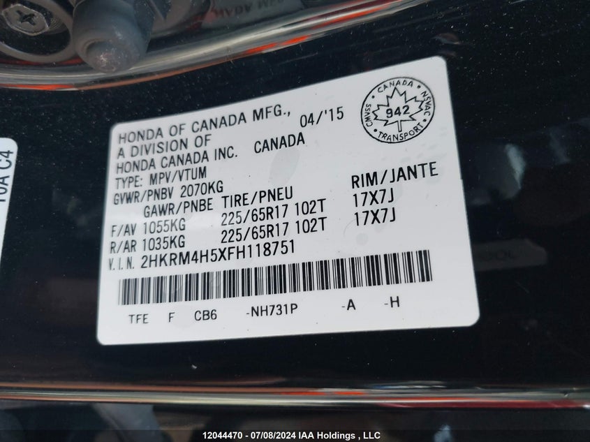 2015 Honda Cr-V VIN: 2HKRM4H5XFH118751 Lot: 12044470