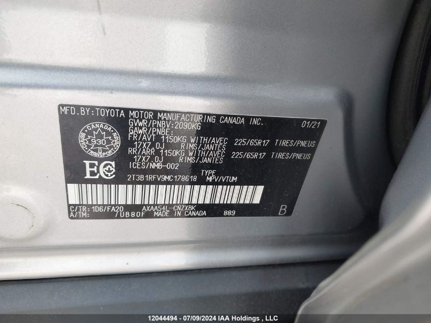 2021 Toyota Rav4 VIN: 2T3B1RFV9MC178618 Lot: 12044494