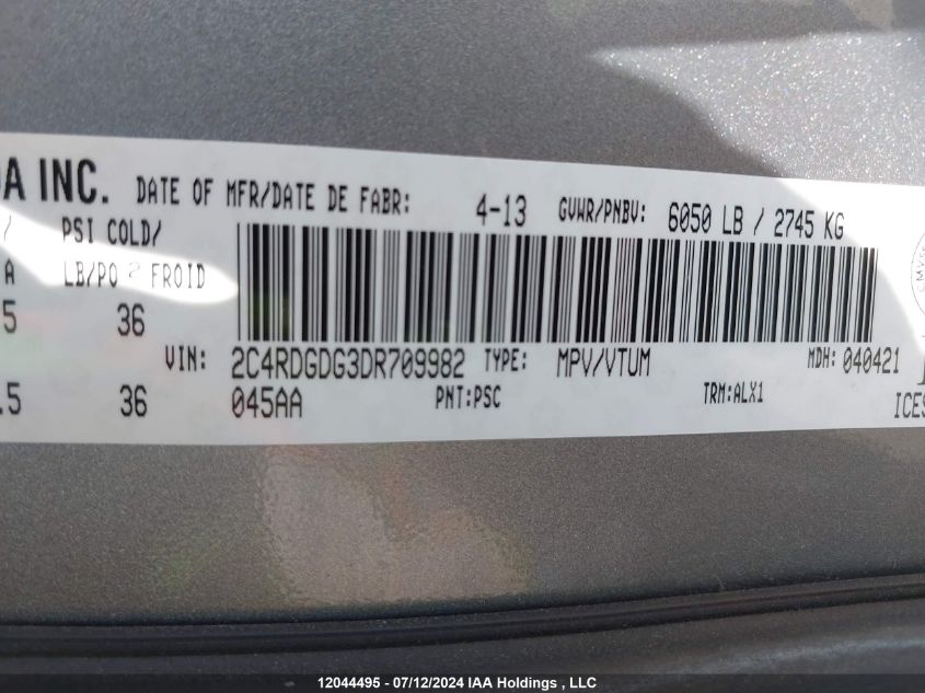 2013 Dodge Grand Caravan Crew VIN: 2C4RDGDG3DR709982 Lot: 12044495