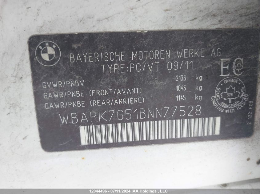 2011 BMW 3 Series VIN: WBAPK7G51BNN77528 Lot: 12044496