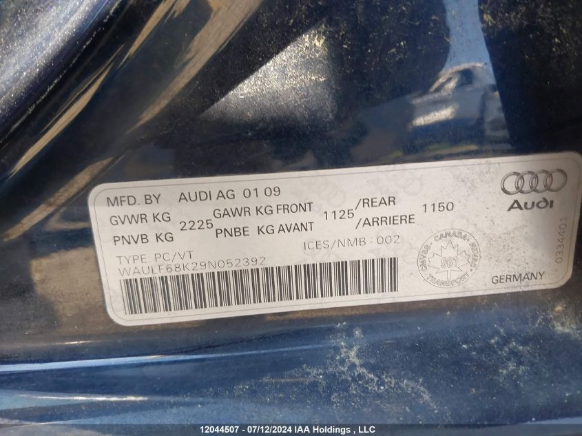 2009 Audi A4 VIN: WAULF68K29N052392 Lot: 12044507