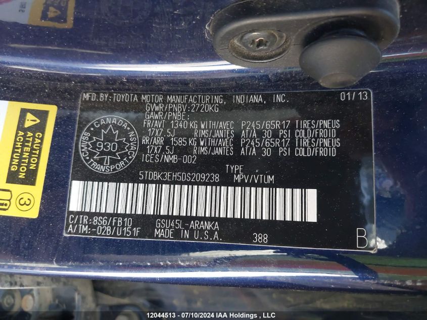 2013 Toyota Highlander V6 VIN: 5TDBK3EH5DS209238 Lot: 12044513