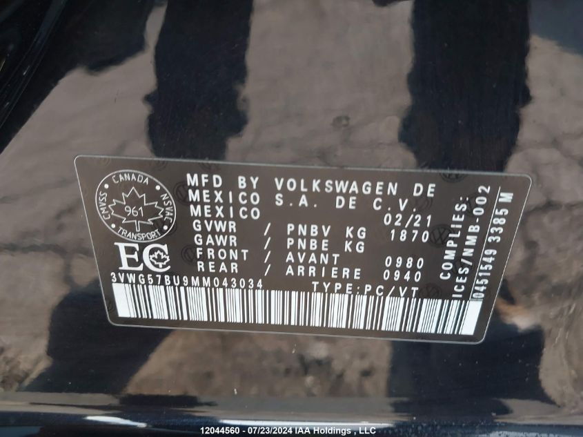 2021 Volkswagen Jetta VIN: 3VWG57BU9MM043034 Lot: 12044560