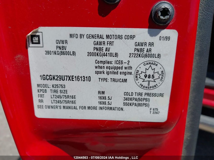 1999 Chevrolet Silverado 2500 VIN: 1GCGK29U7XE161310 Lot: 12044563