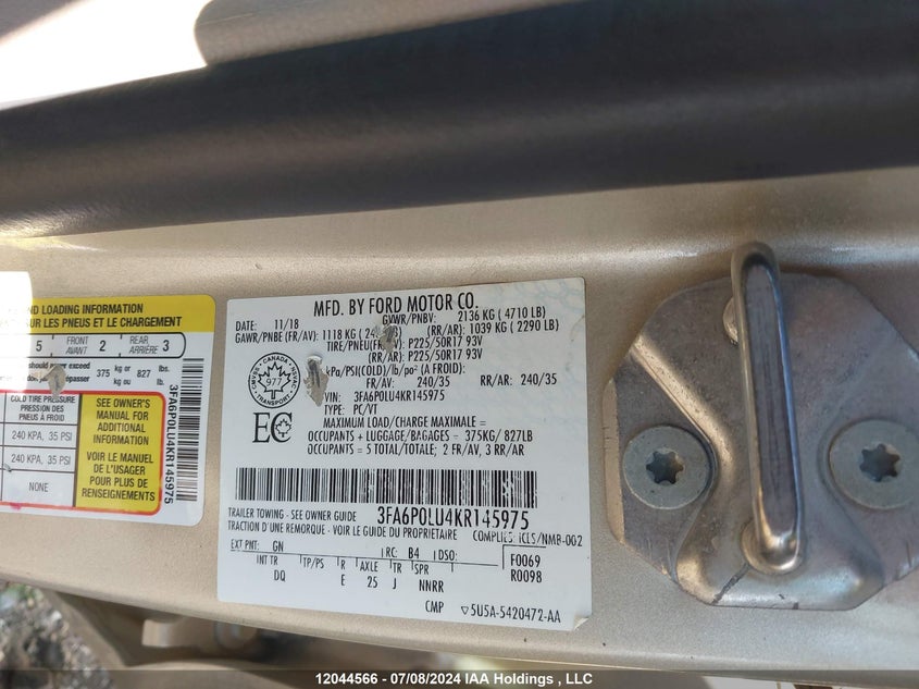 2019 Ford Fusion Se VIN: 3FA6P0LU4KR145975 Lot: 12044566