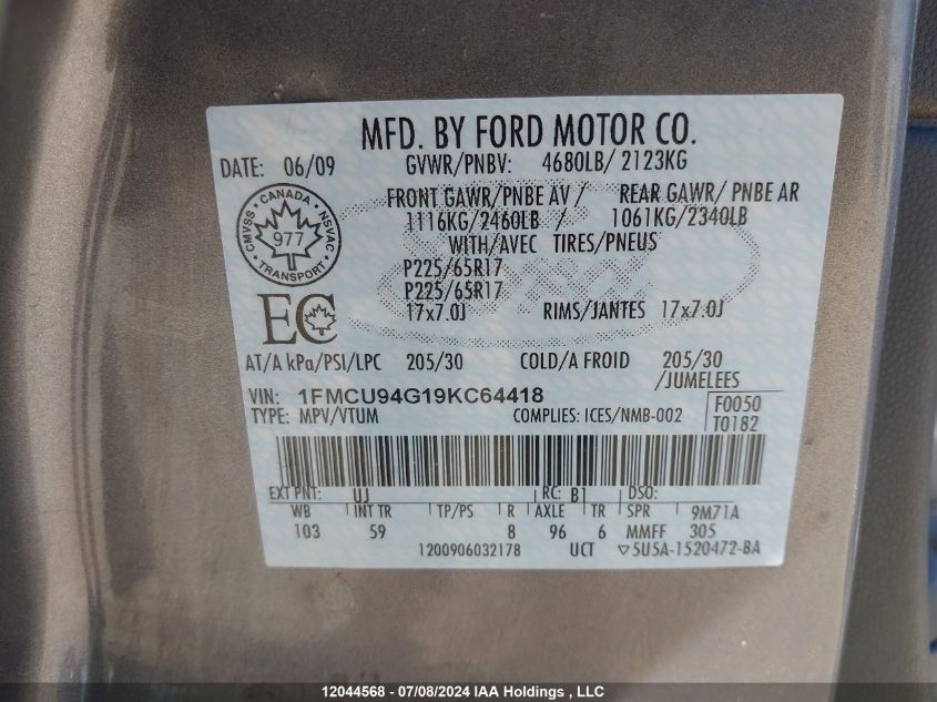 2009 Ford Escape VIN: 1FMCU94G19KC64418 Lot: 12044568