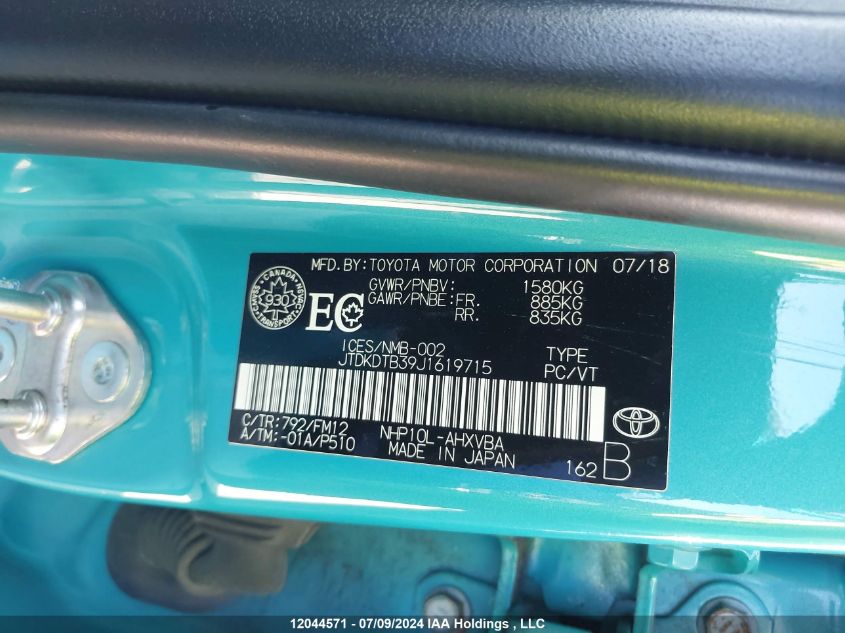 2018 Toyota Prius C Technology VIN: JTDKDTB39J1619715 Lot: 12044571