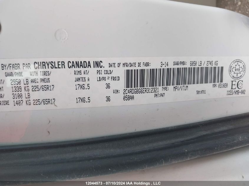 2014 Dodge Grand Caravan Se/Sxt VIN: 2C4RDGBG6ER312321 Lot: 12044573