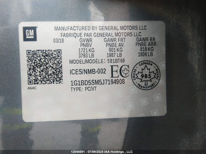 2018 Chevrolet Cruze VIN: 1G1BD5SM5J7194908 Lot: 12044591