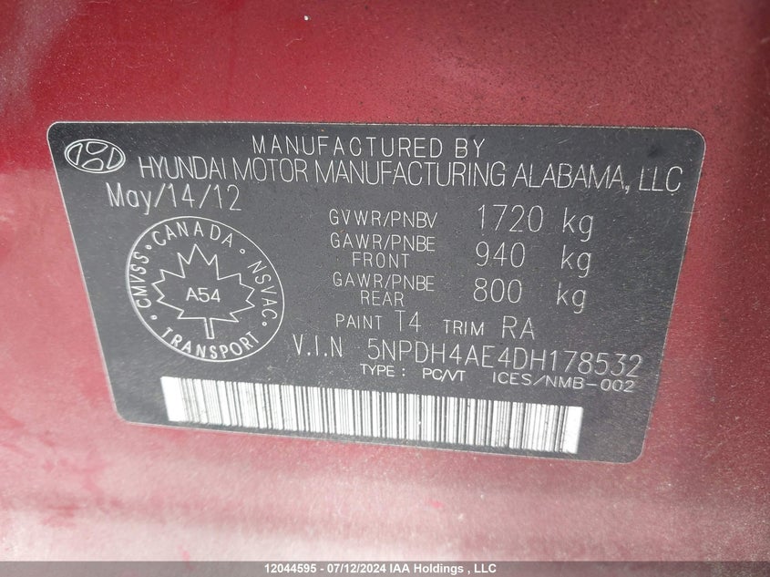 2013 Hyundai Elantra Gls VIN: 5NPDH4AE4DH178532 Lot: 12044595