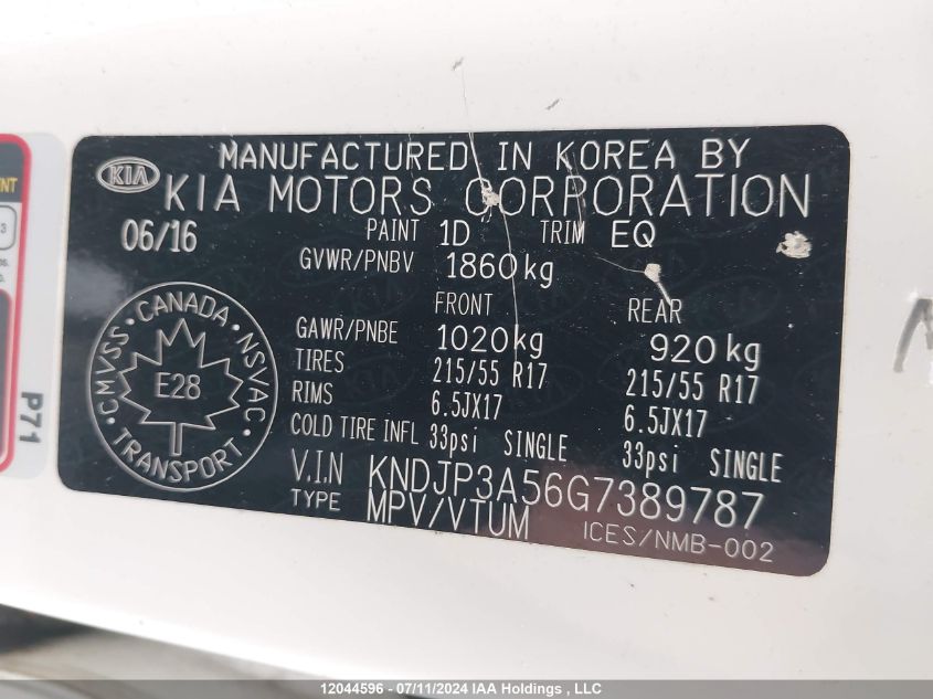 2016 Kia Soul + VIN: KNDJP3A56G7389787 Lot: 12044596