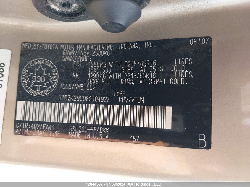 2008 Toyota Sienna Ce VIN: 5TDZK29C08S104927 Lot: 12044597