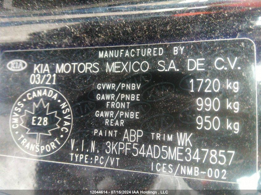 2021 Kia Forte Ex VIN: 3KPF54AD5ME347857 Lot: 12044614