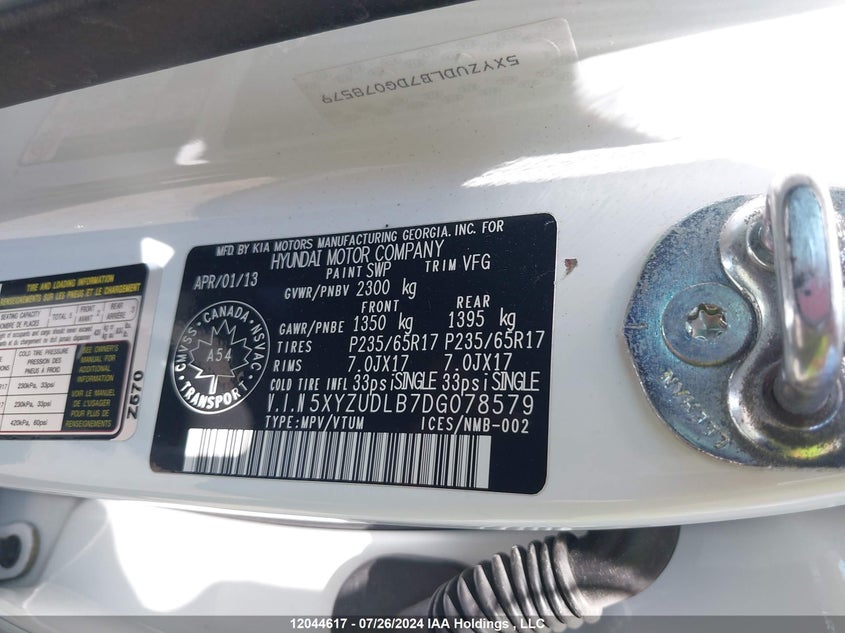 2013 Hyundai Santa Fe Sport VIN: 5XYZUDLB7DG078579 Lot: 12044617