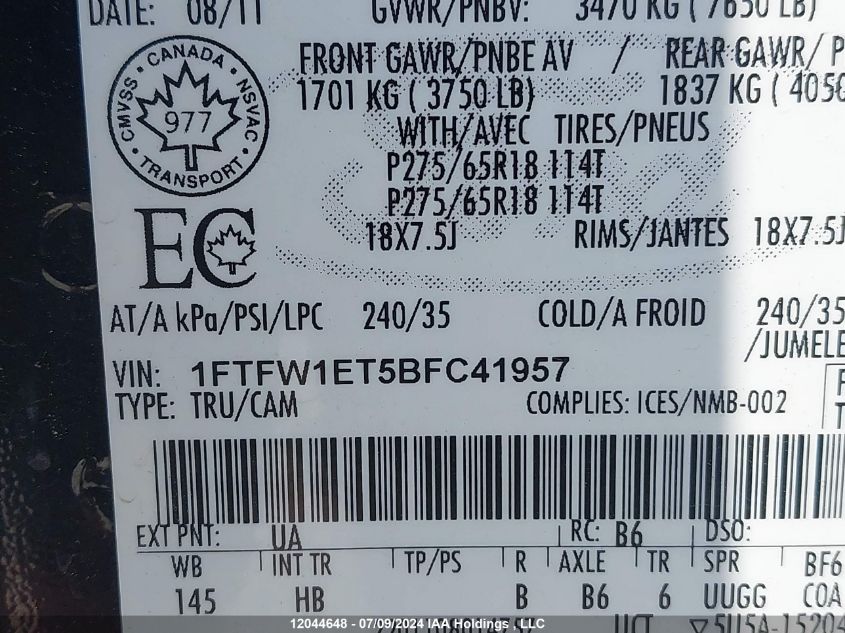 2011 Ford F-150 VIN: 1FTFW1ET5BFC41957 Lot: 12044648