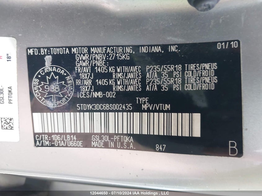 2011 Toyota Sienna Xle/Limited VIN: 5TDYK3DC6BS002435 Lot: 12044650