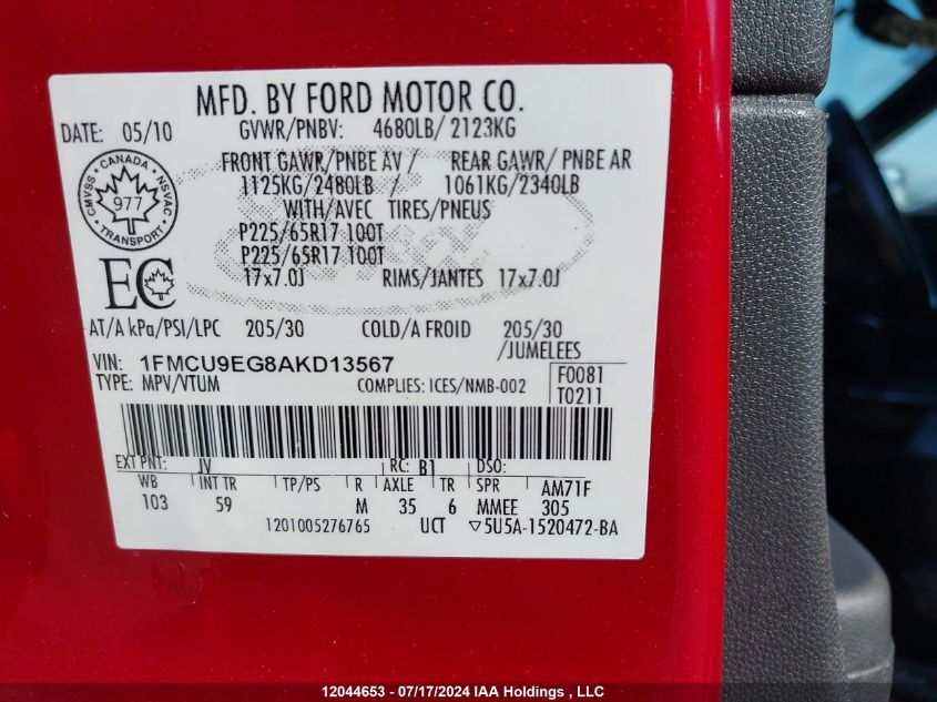 2010 Ford Escape VIN: 1FMCU9EG8AKD13567 Lot: 12044653