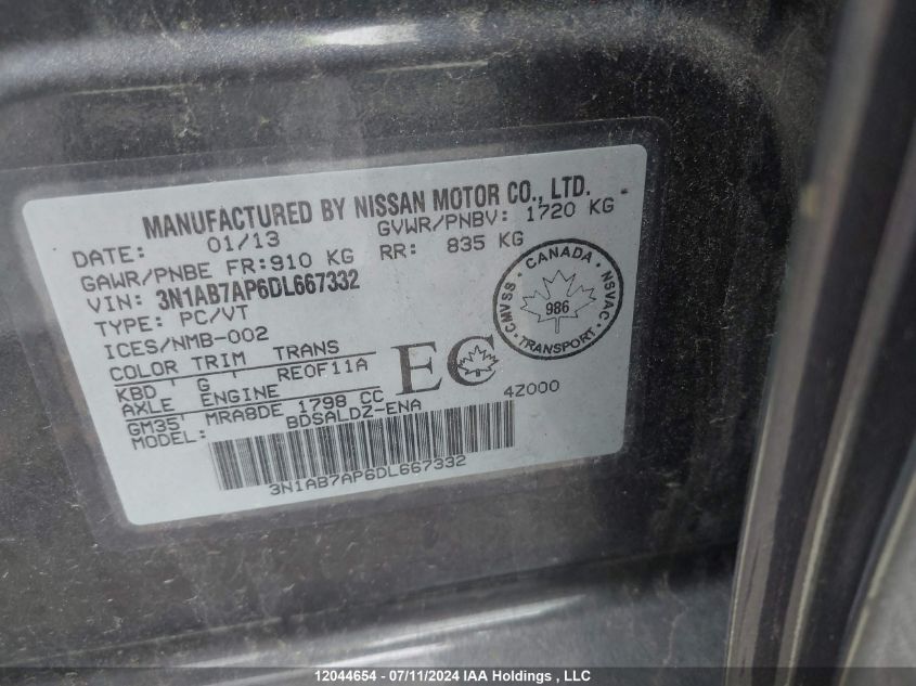 2013 Nissan Sentra S/Sv/Sr/Sl VIN: 3N1AB7AP6DL667332 Lot: 12044654